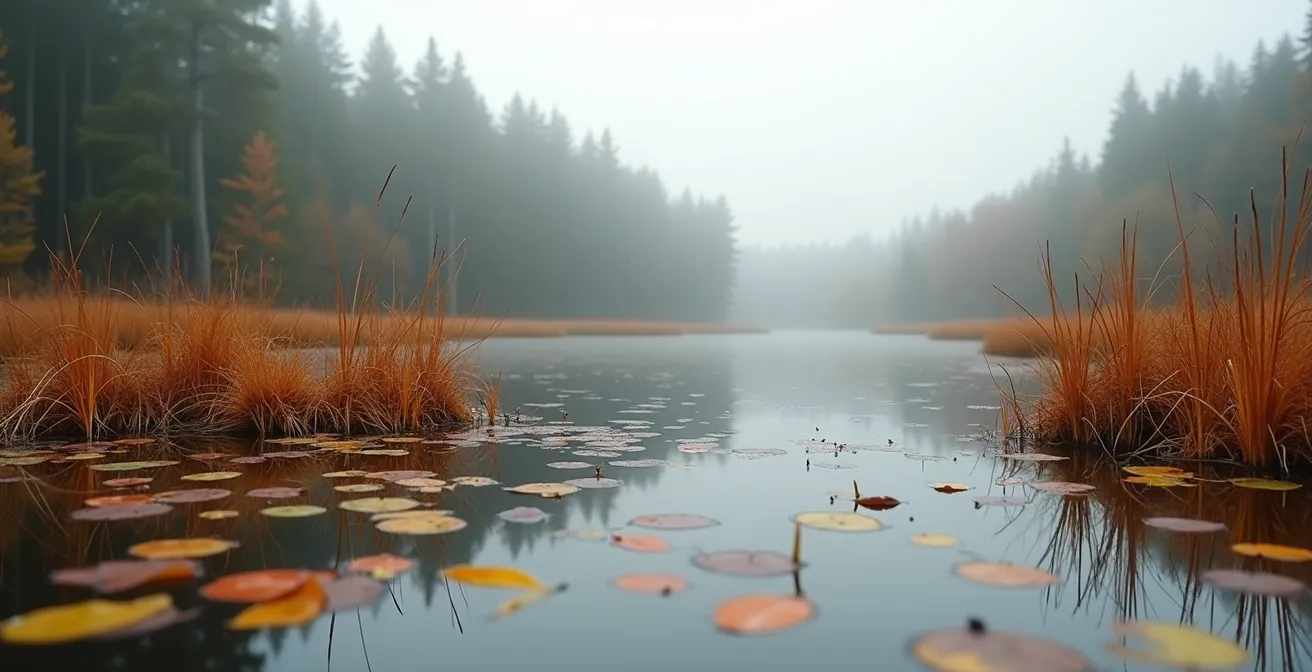 Évolution saisonnière d'un bassin avec ses plantes aquatiques sur quatre saisons