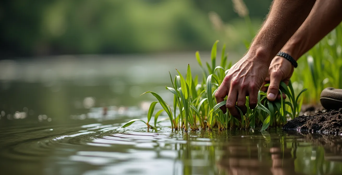 Main de jardinier retirant des plantes envahissantes d'un bassin