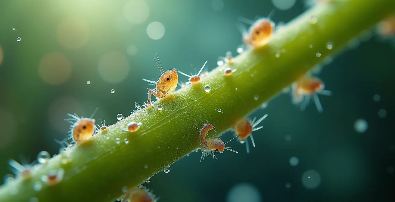 Détail macro des micro-invertébrés sur une tige de plante aquatique